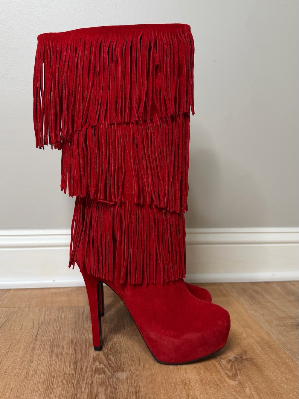 MOJO MOXY Women's Red Fringe Leather Platform Boots Stiletto Heel 8.5 - Picture 2 of 14